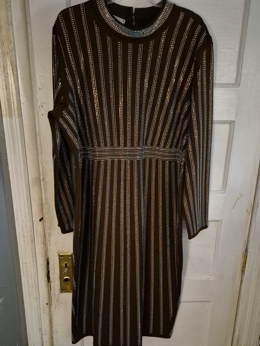 a.n.a Black Long Sleeve Rhinestone-Striped Fit & Flare Dress